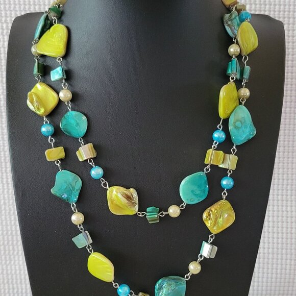 Layered Vibrant Irregular Bead Turquoise Yellow Faux Pearl Bohemian Necklace - Picture 1 of 4